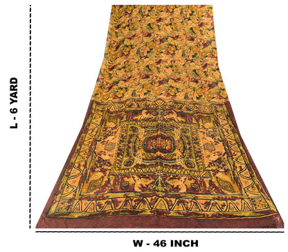Sanskriti Vintage Brown 100% Pure Chiffon Saree Abstract Print 6Yd Craft Fabric