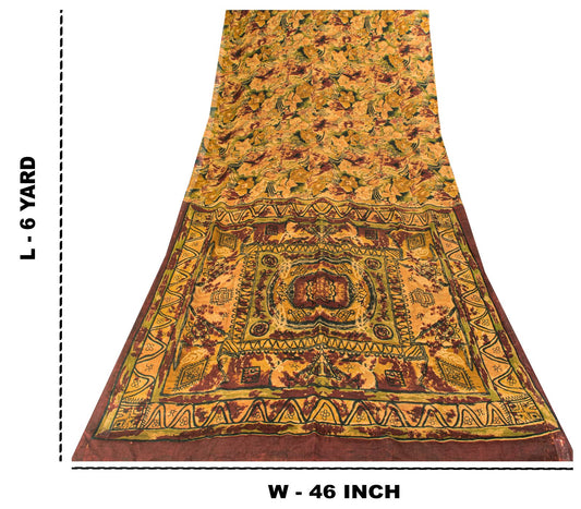 Sanskriti Vintage Brown 100% Pure Chiffon Saree Abstract Print 6Yd Craft Fabric