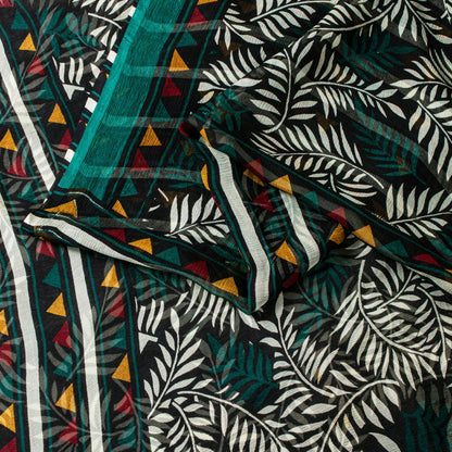 Sanskriti Vintage Green Soft 100%Pure Chiffon Saree Leaf Print 6+Yd Craft Fabric