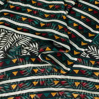 Sanskriti Vintage Green Soft 100%Pure Chiffon Saree Leaf Print 6+Yd Craft Fabric