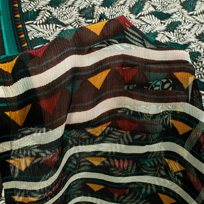 Sanskriti Vintage Green Soft 100%Pure Chiffon Saree Leaf Print 6+Yd Craft Fabric