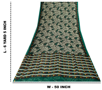 Sanskriti Vintage Green Soft 100%Pure Chiffon Saree Leaf Print 6+Yd Craft Fabric