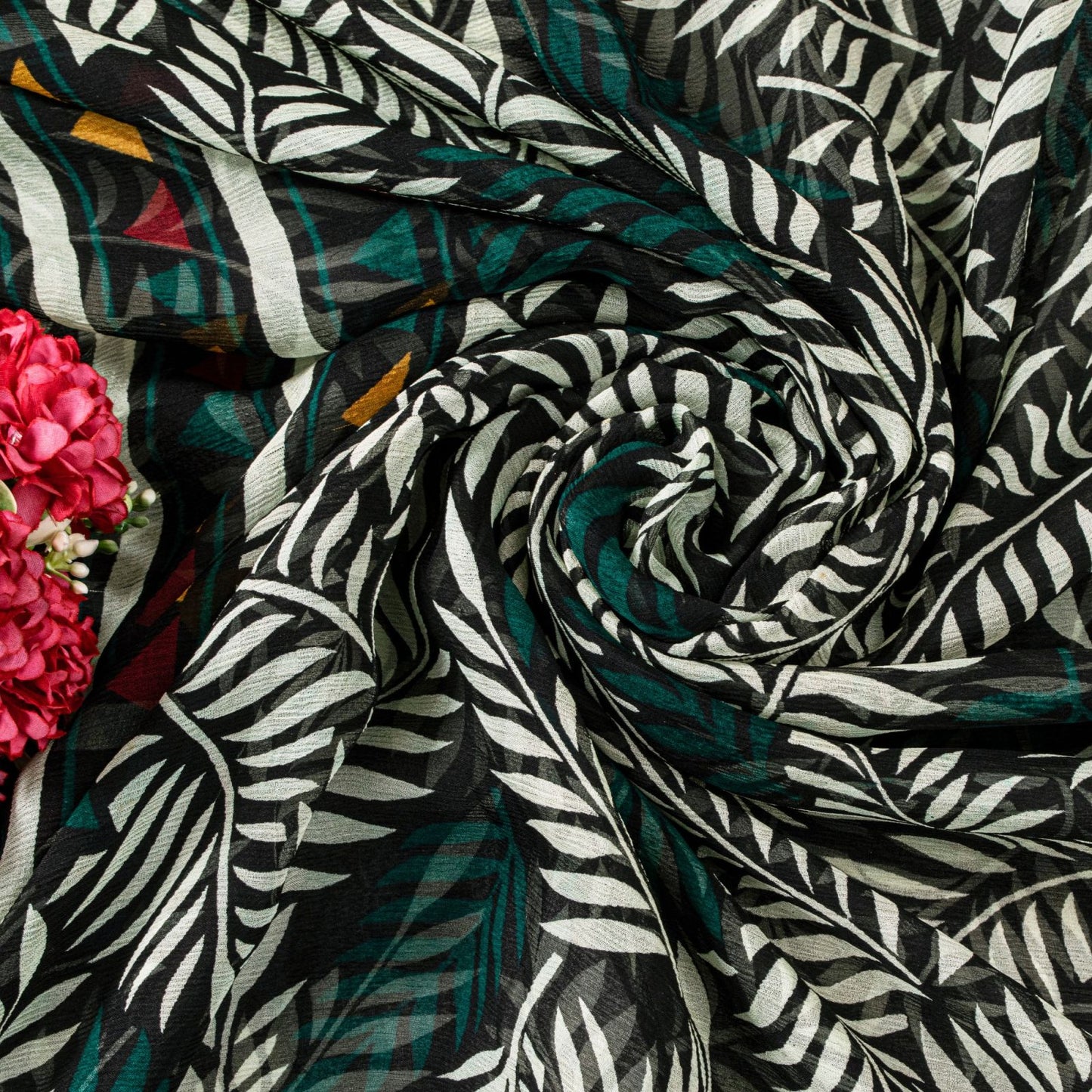 Sanskriti Vintage Green Soft 100%Pure Chiffon Saree Leaf Print 6+Yd Craft Fabric