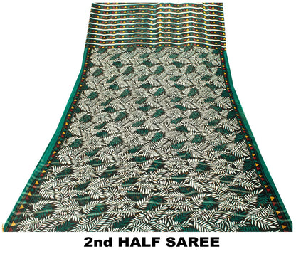 Sanskriti Vintage Green Soft 100%Pure Chiffon Saree Leaf Print 6+Yd Craft Fabric