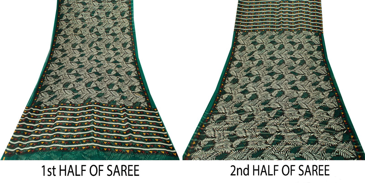 Sanskriti Vintage Green Soft 100%Pure Chiffon Saree Leaf Print 6+Yd Craft Fabric