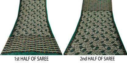 Sanskriti Vintage Green Soft 100%Pure Chiffon Saree Leaf Print 6+Yd Craft Fabric