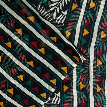 Sanskriti Vintage Green Soft 100%Pure Chiffon Saree Leaf Print 6+Yd Craft Fabric