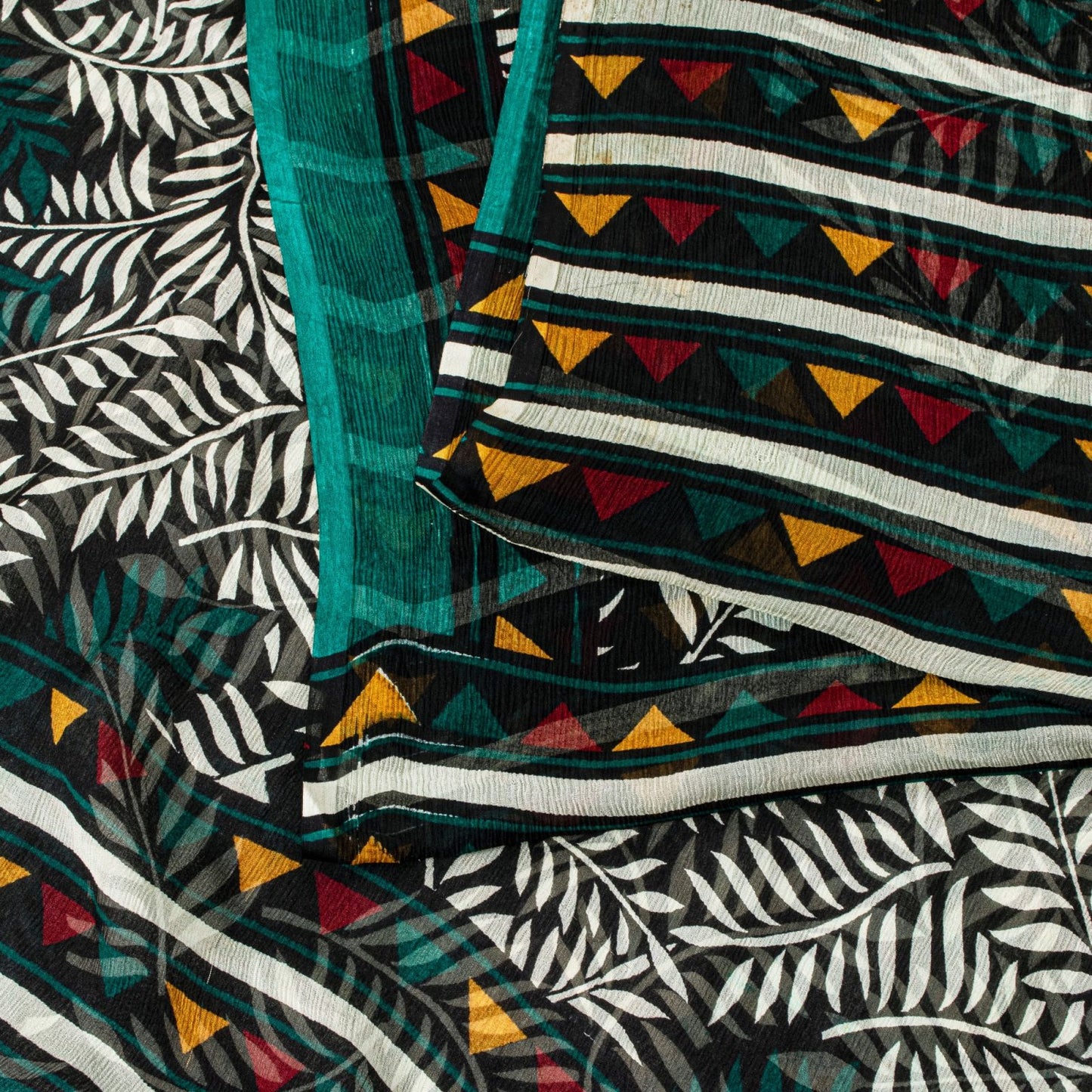 Sanskriti Vintage Green Soft 100%Pure Chiffon Saree Leaf Print 6+Yd Craft Fabric