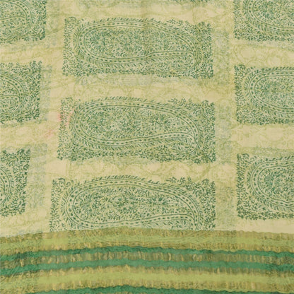 Sanskriti Vintage Cream-Green Soft Pure Chiffon Saree Paisley Print Woven 5.5Yd