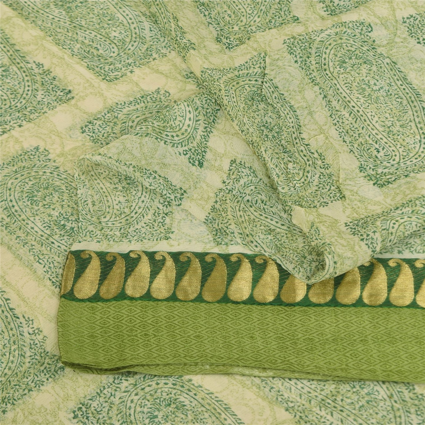 Sanskriti Vintage Cream-Green Soft Pure Chiffon Saree Paisley Print Woven 5.5Yd