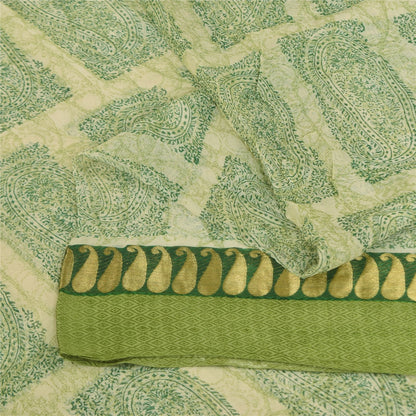 Sanskriti Vintage Cream-Green Soft Pure Chiffon Saree Paisley Print Woven 5.5Yd