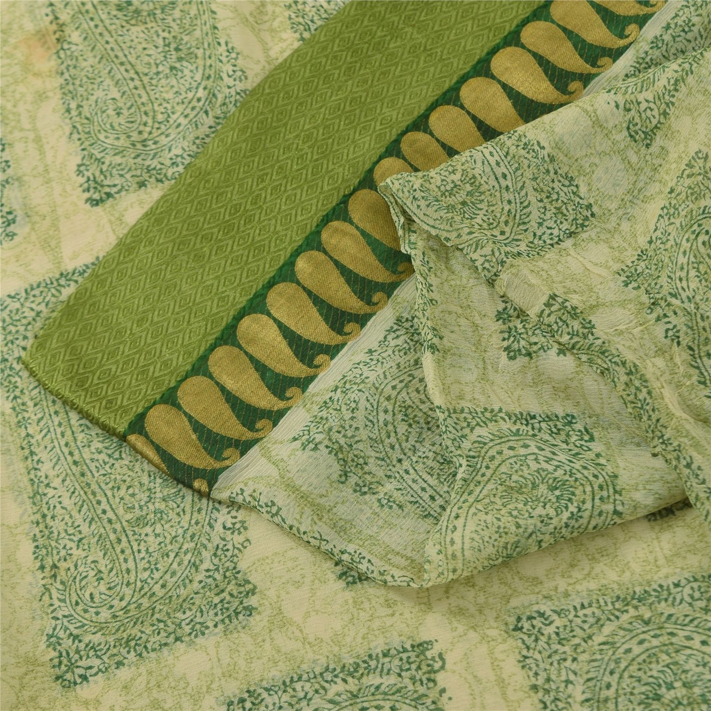 Sanskriti Vintage Cream-Green Soft Pure Chiffon Saree Paisley Print Woven 5.5Yd