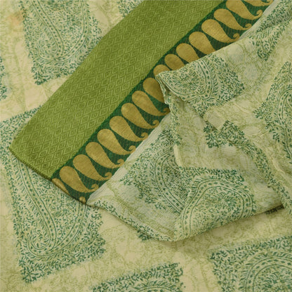 Sanskriti Vintage Cream-Green Soft Pure Chiffon Saree Paisley Print Woven 5.5Yd