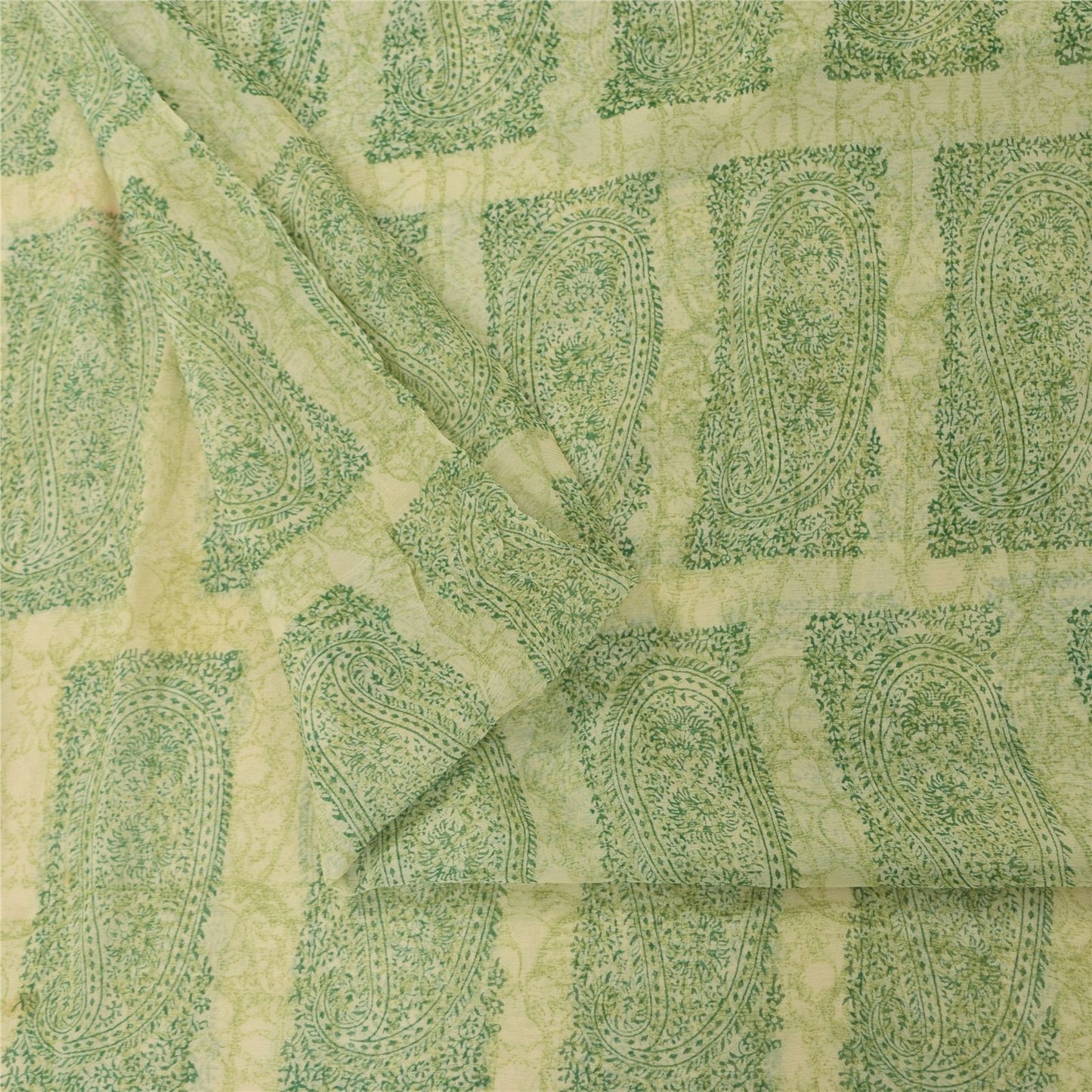 Sanskriti Vintage Cream-Green Soft Pure Chiffon Saree Paisley Print Woven 5.5Yd