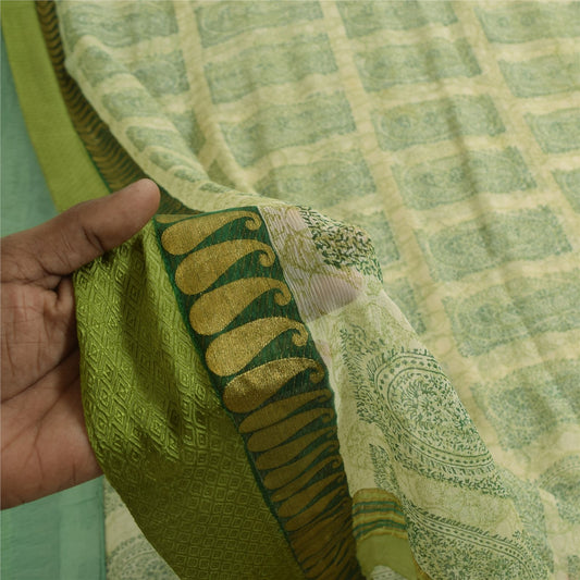 Sanskriti Vintage Cream-Green Soft Pure Chiffon Saree Paisley Print Woven 5.5Yd