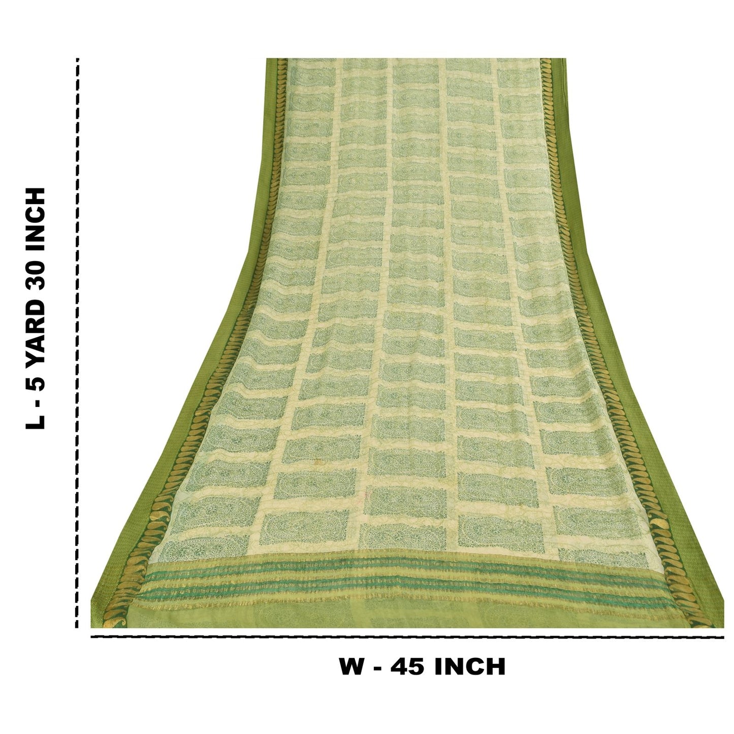 Sanskriti Vintage Cream-Green Soft Pure Chiffon Saree Paisley Print Woven 5.5Yd