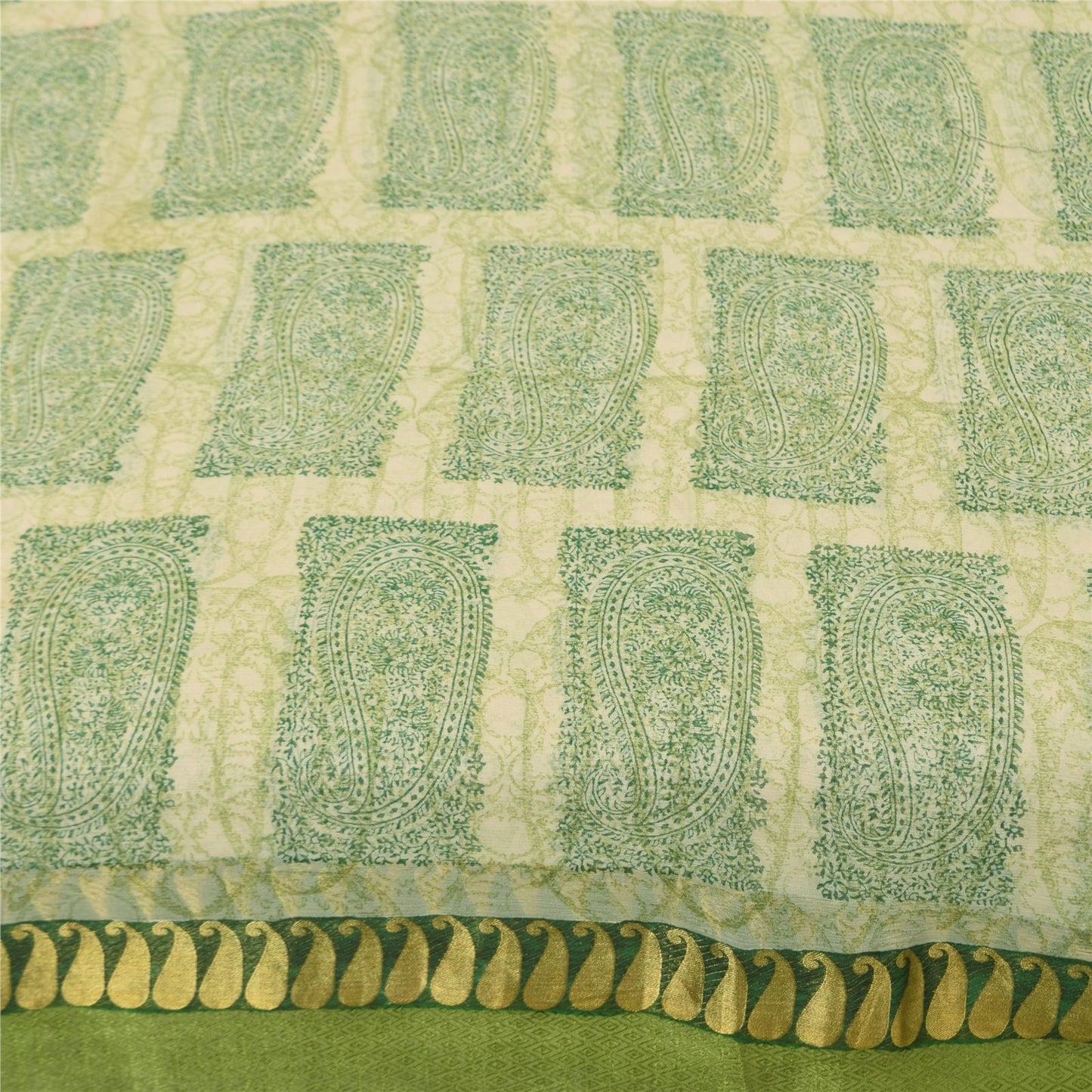 Sanskriti Vintage Cream-Green Soft Pure Chiffon Saree Paisley Print Woven 5.5Yd