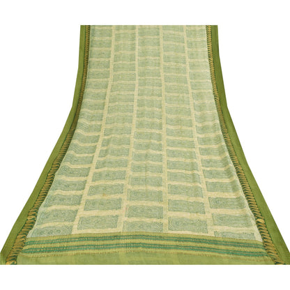 Sanskriti Vintage Cream-Green Soft Pure Chiffon Saree Paisley Print Woven 5.5Yd