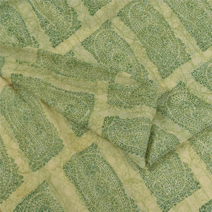 Sanskriti Vintage Cream-Green Soft Pure Chiffon Saree Paisley Print Woven 5.5Yd