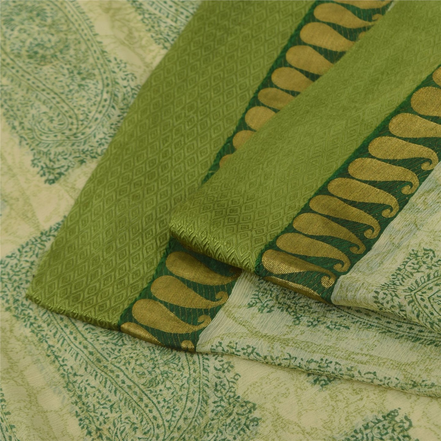 Sanskriti Vintage Cream-Green Soft Pure Chiffon Saree Paisley Print Woven 5.5Yd