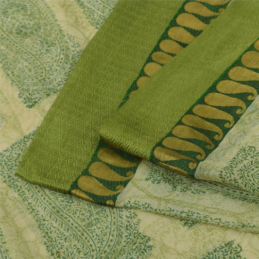 Sanskriti Vintage Cream-Green Soft Pure Chiffon Saree Paisley Print Woven 5.5Yd
