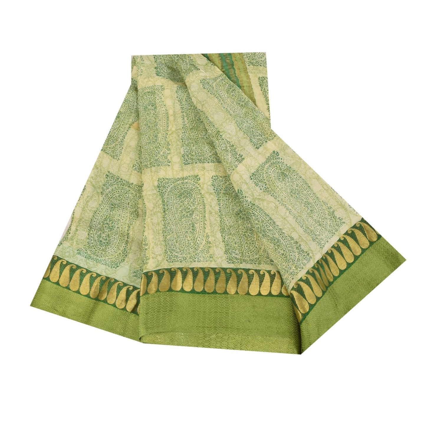 Sanskriti Vintage Cream-Green Soft Pure Chiffon Saree Paisley Print Woven 5.5Yd