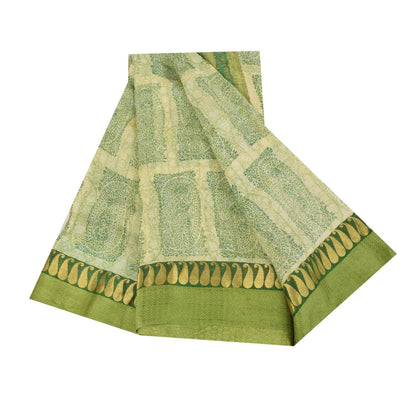 Sanskriti Vintage Cream-Green Soft Pure Chiffon Saree Paisley Print Woven 5.5Yd