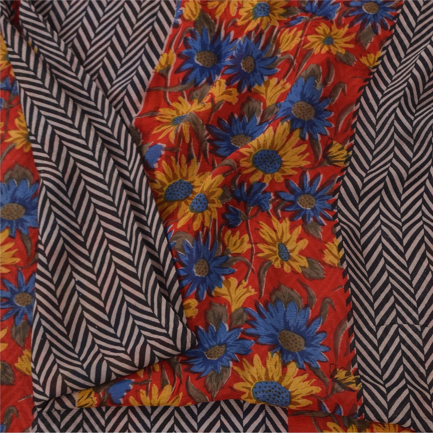 Sanskriti Vintage Black-Red Pure Chiffon Silk Saree Floral Lines Printed 5.5Yard