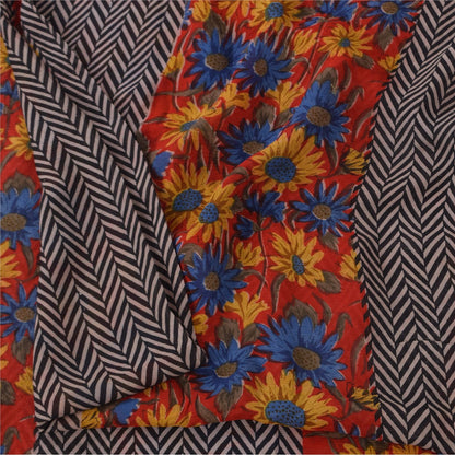 Sanskriti Vintage Black-Red Pure Chiffon Silk Saree Floral Lines Printed 5.5Yard