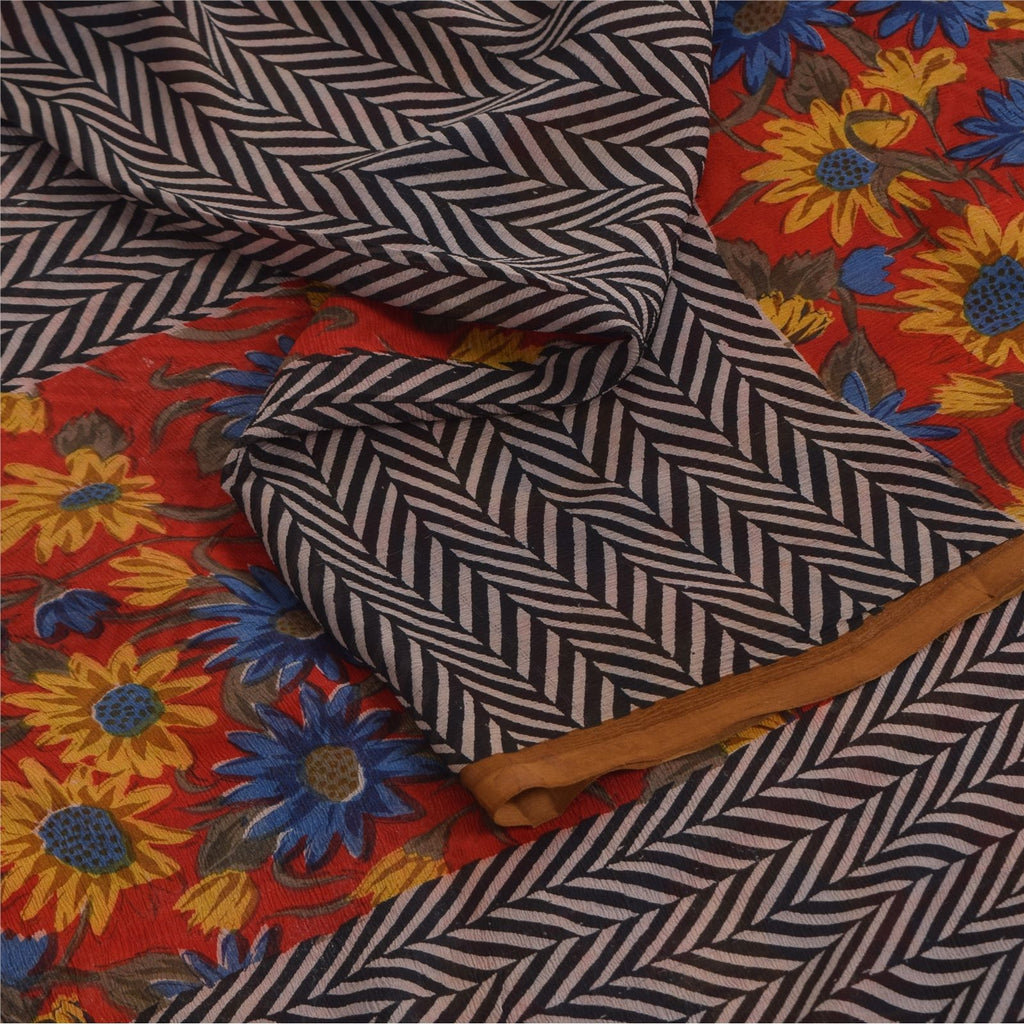 Sanskriti Vintage Black-Red Pure Chiffon Silk Saree Floral Lines Printed 5.5Yard