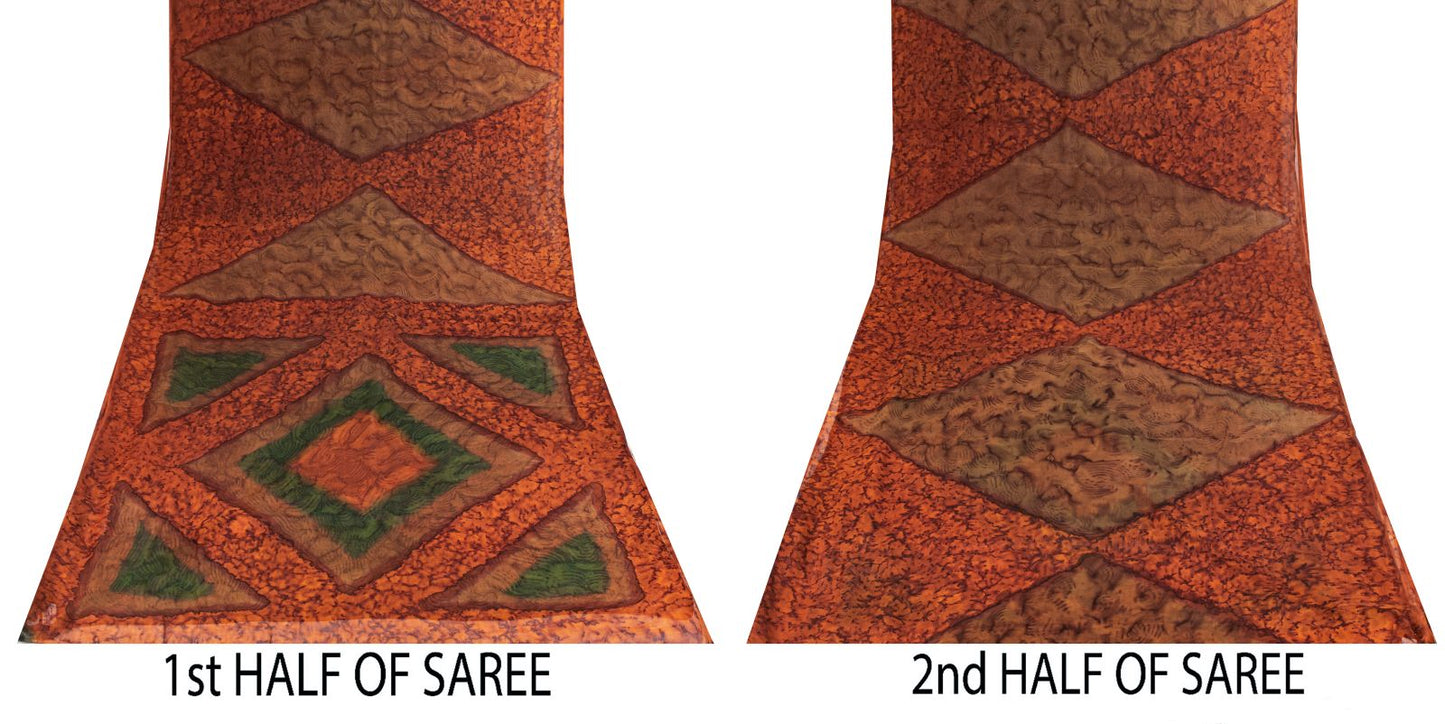 Sanskriti Vintage Saree Brown Soft Pure Chiffon Abstract Print Sari 5.5Yd Fabric