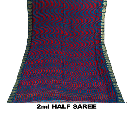 Sanskriti Vintage Saree Blue Pure Chiffon Printed Zari Border Sari 5.5Yd Fabric