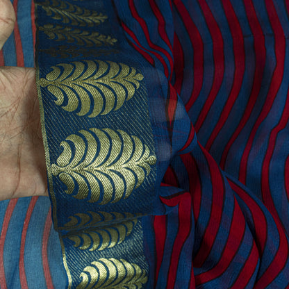 Sanskriti Vintage Saree Blue Pure Chiffon Printed Zari Border Sari 5.5Yd Fabric