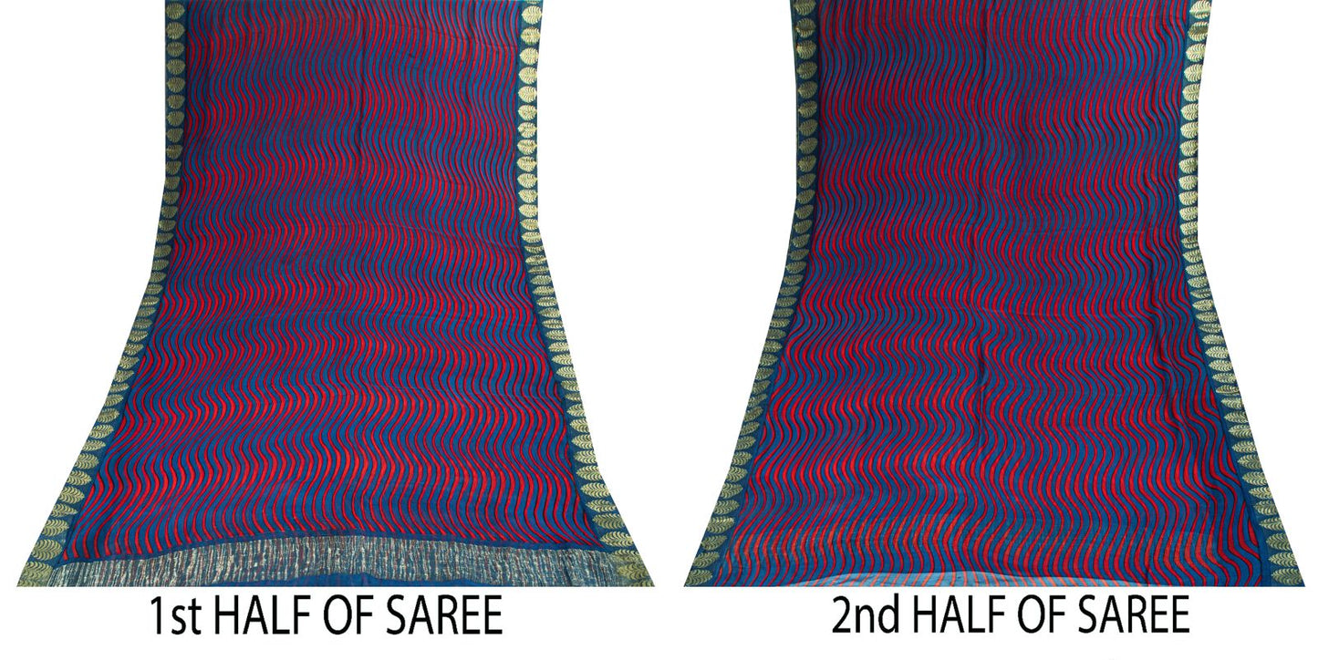 Sanskriti Vintage Saree Blue Pure Chiffon Printed Zari Border Sari 5.5Yd Fabric