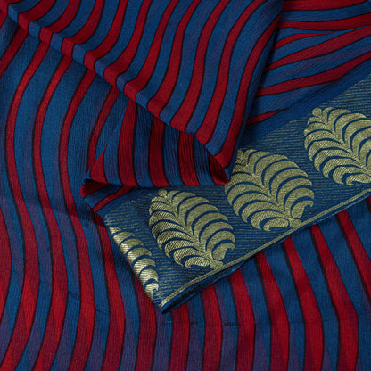 Sanskriti Vintage Saree Blue Pure Chiffon Printed Zari Border Sari 5.5Yd Fabric