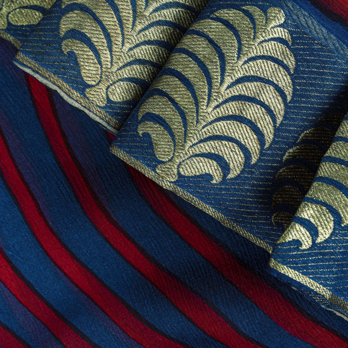 Sanskriti Vintage Saree Blue Pure Chiffon Printed Zari Border Sari 5.5Yd Fabric