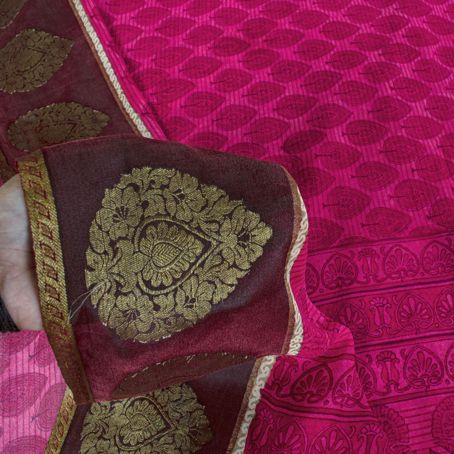 Sanskriti Vintage Saree Pink Soft Pure Georgette Block Printed Woven Sari 5.5 Yd