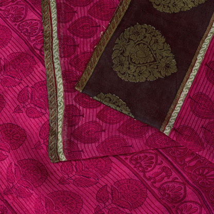Sanskriti Vintage Saree Pink Soft Pure Georgette Block Printed Woven Sari 5.5 Yd