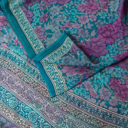 Sanskriti Vintage Saree Blue-Purple 100% Pure Georgette Floral Print Sari 5.5Yd