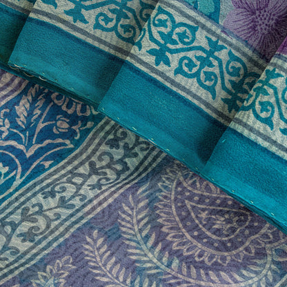 Sanskriti Vintage Saree Blue-Purple 100% Pure Georgette Floral Print Sari 5.5Yd