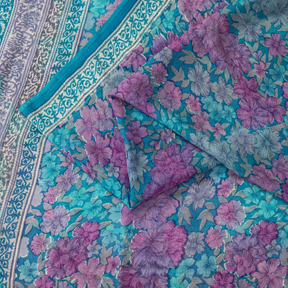 Sanskriti Vintage Saree Blue-Purple 100% Pure Georgette Floral Print Sari 5.5Yd
