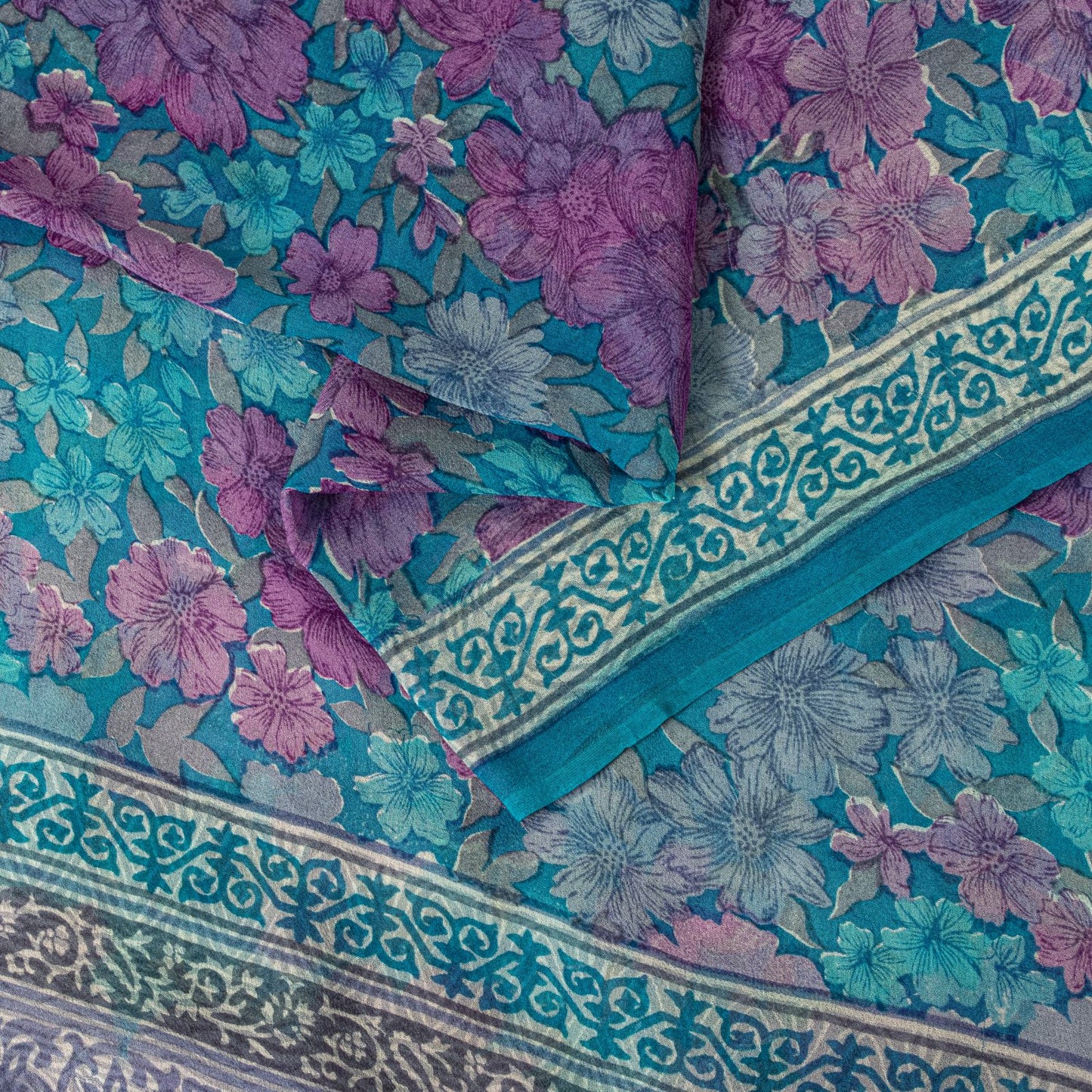 Sanskriti Vintage Saree Blue-Purple 100% Pure Georgette Floral Print Sari 5.5Yd