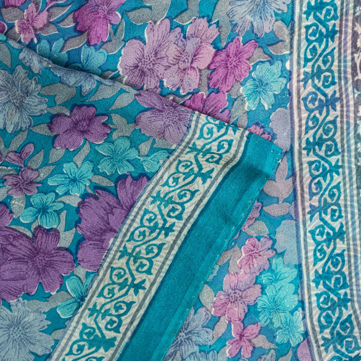 Sanskriti Vintage Saree Blue-Purple 100% Pure Georgette Floral Print Sari 5.5Yd