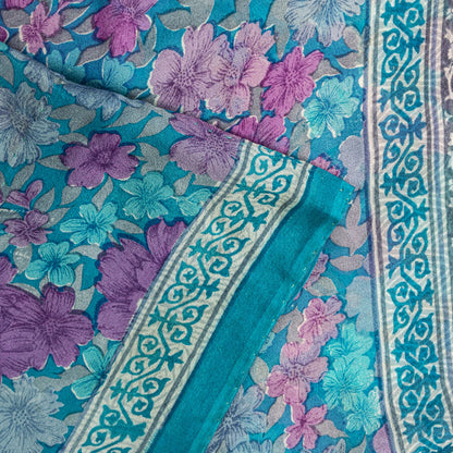 Sanskriti Vintage Saree Blue-Purple 100% Pure Georgette Floral Print Sari 5.5Yd