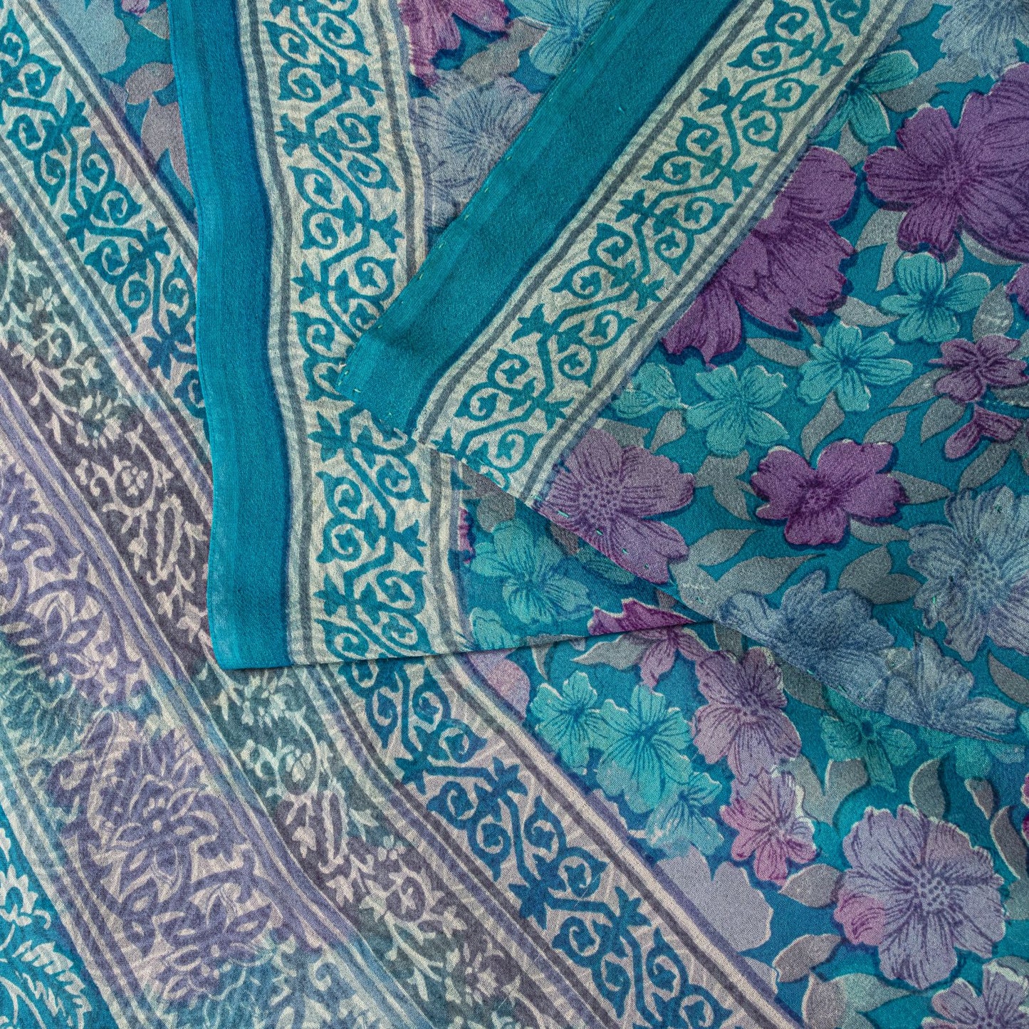 Sanskriti Vintage Saree Blue-Purple 100% Pure Georgette Floral Print Sari 5.5Yd