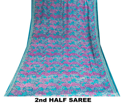 Sanskriti Vintage Saree Blue-Purple 100% Pure Georgette Floral Print Sari 5.5Yd
