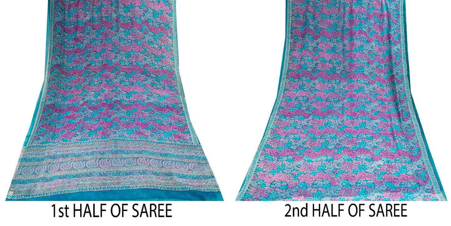 Sanskriti Vintage Saree Blue-Purple 100% Pure Georgette Floral Print Sari 5.5Yd