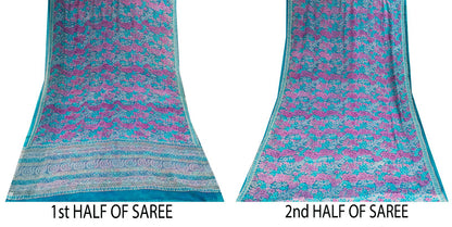 Sanskriti Vintage Saree Blue-Purple 100% Pure Georgette Floral Print Sari 5.5Yd