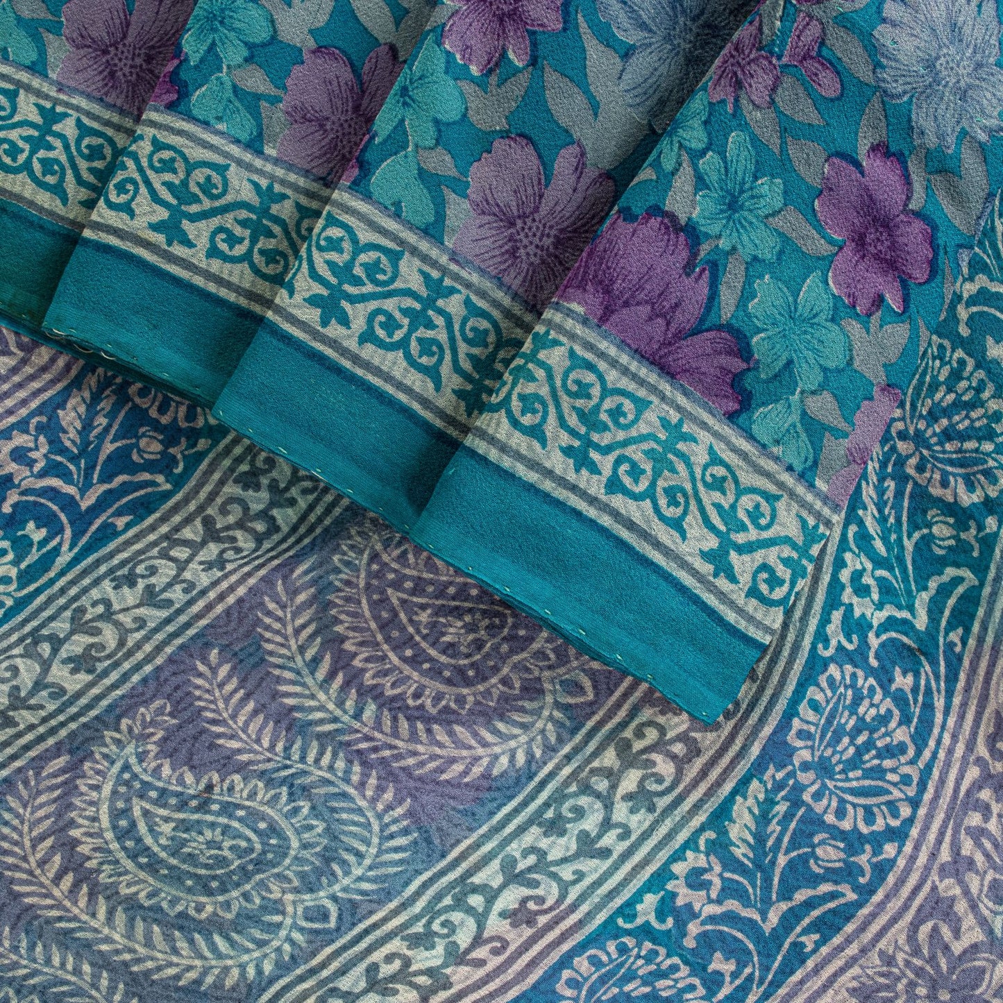 Sanskriti Vintage Saree Blue-Purple 100% Pure Georgette Floral Print Sari 5.5Yd