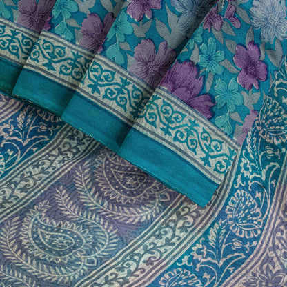 Sanskriti Vintage Saree Blue-Purple 100% Pure Georgette Floral Print Sari 5.5Yd